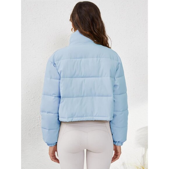 Women's Cropped Puffer Jacket Long Sleeve Puffy Coat Stand Collar Zip UP Blue - Picture 6 of 6